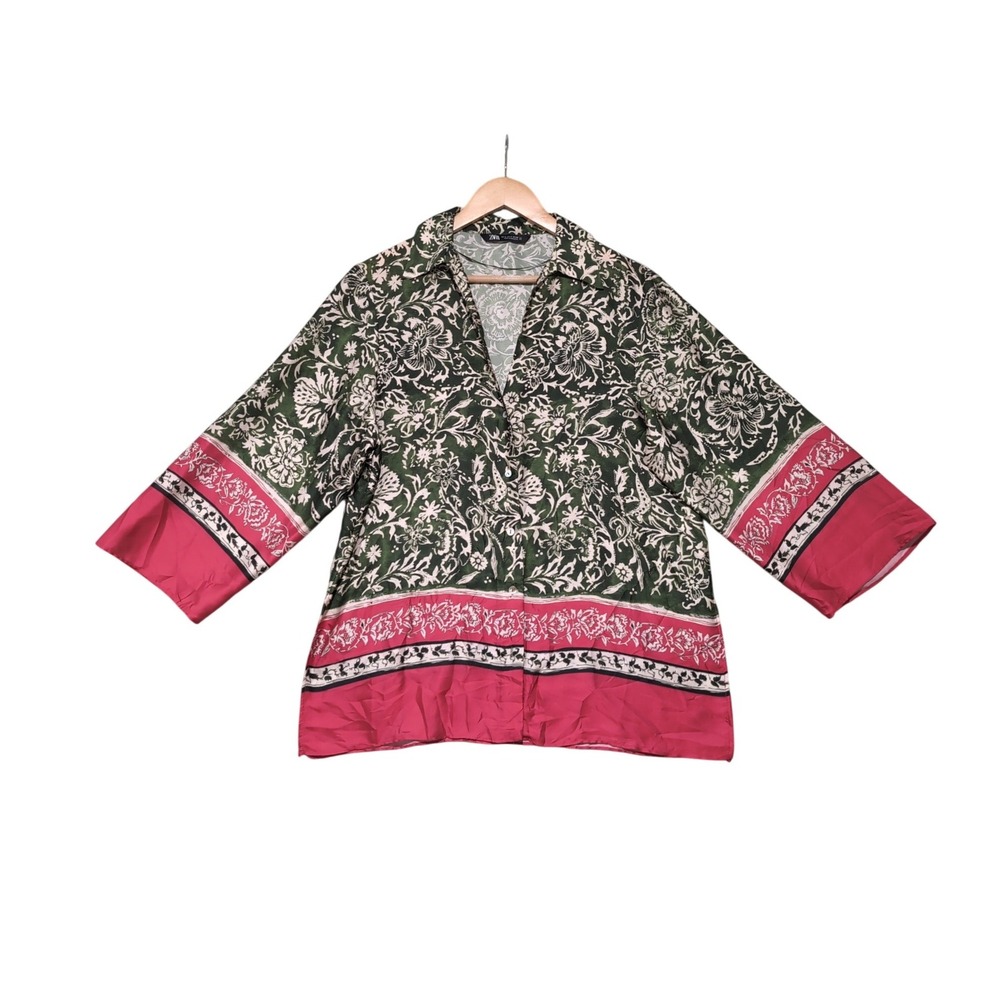 Zara Green Magenta Pink Floral Satin Oversized Button Down Blouse Medium - Picture 6 of 10